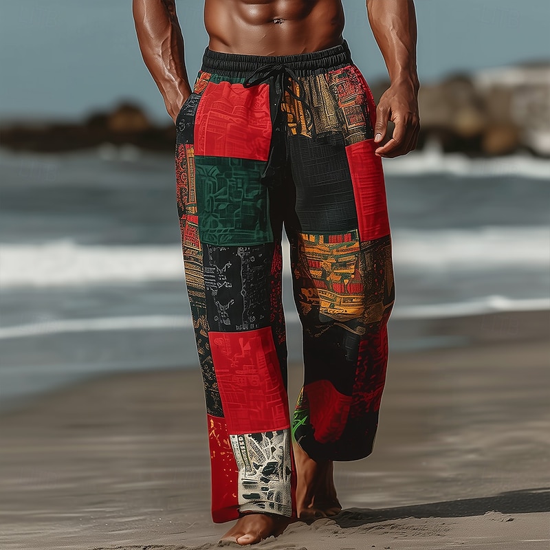 Men's Color Block Patchwork Ethnic Trousers Baggy Pants Casual Pants Mid Waist Vintage Retro Outdoor Vacation Elastic Drawstring Waist Linen-Like Pants with Pockets Summer Spring Fall 3D Print Black