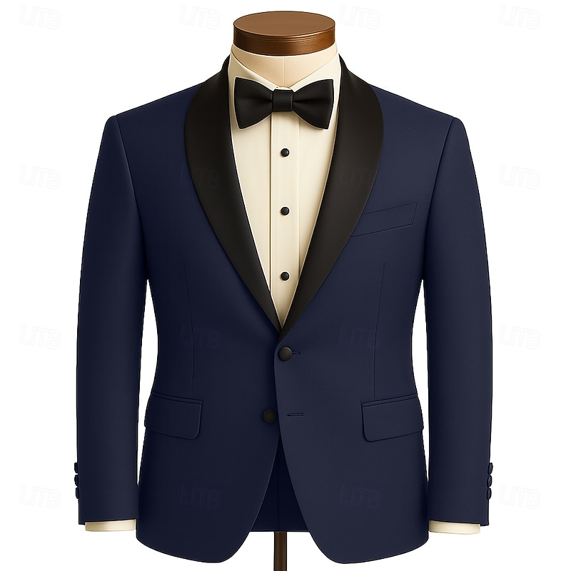 Men's Blazer Jacket Shawl Collar Fashion Retro Vintage Classic Solid Colored Blazer Navy Blue Slim Fit Single Breasted One-button2