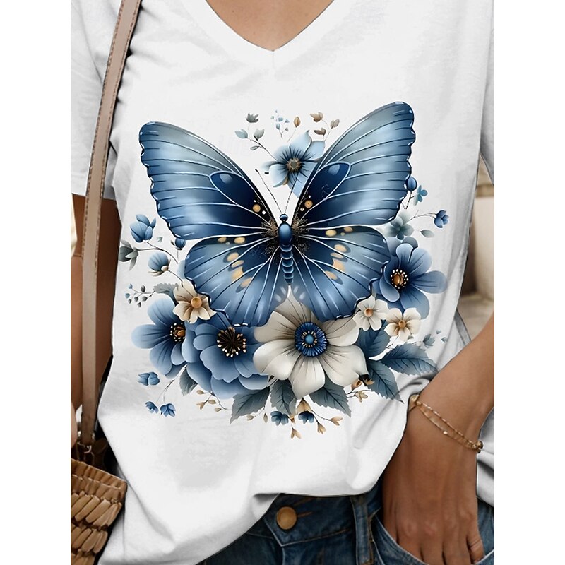Women's T Shirt Floral Graphic Butterfly Vintage Stylish Classic Short Sleeve V Neck Regular Tops Daily Going out Weekend Print Black White Yellow Pink Red Summer Spring3