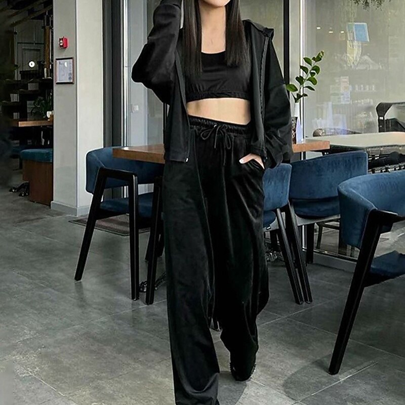 Women's Tracksuit Sweatpants Zip Up Hoodie Drawstring Pocket Solid Colored Clothing Suit Fall & Winter Black Pink Velvet Gym Training Running High Waist Windproof Moisture Wicking Long Sleeve Sport4