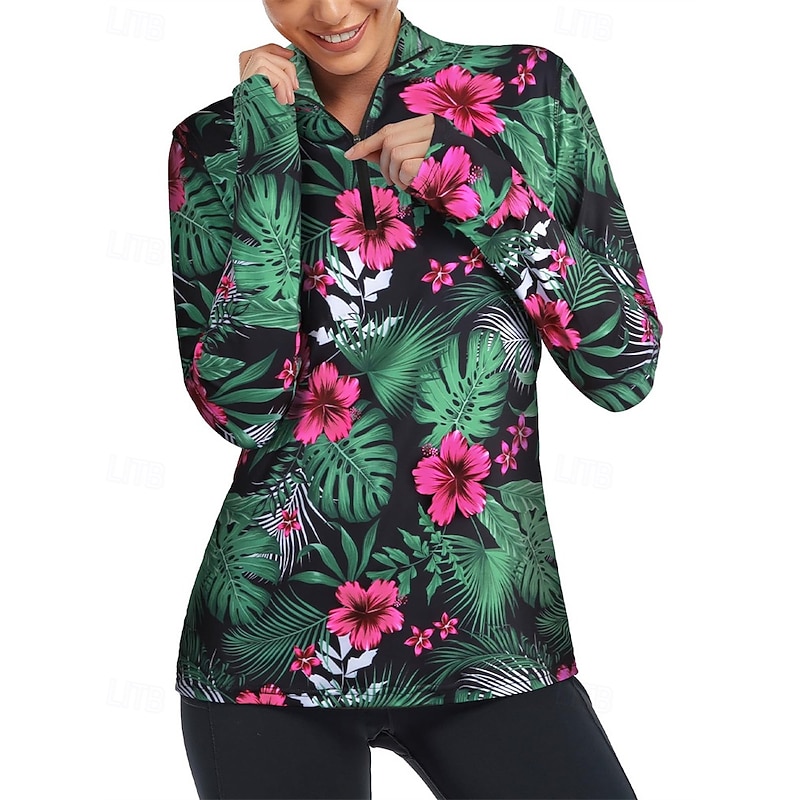 Women's Floral Botanical Golf Polo Shirt Tennis Shirt Long Sleeve Print Quarter Zip Pullover UV Protection Elastic Breathable Tennis Golf Pickleball Zip Collar Shirt Polo Blue Green Tennis Clothing3