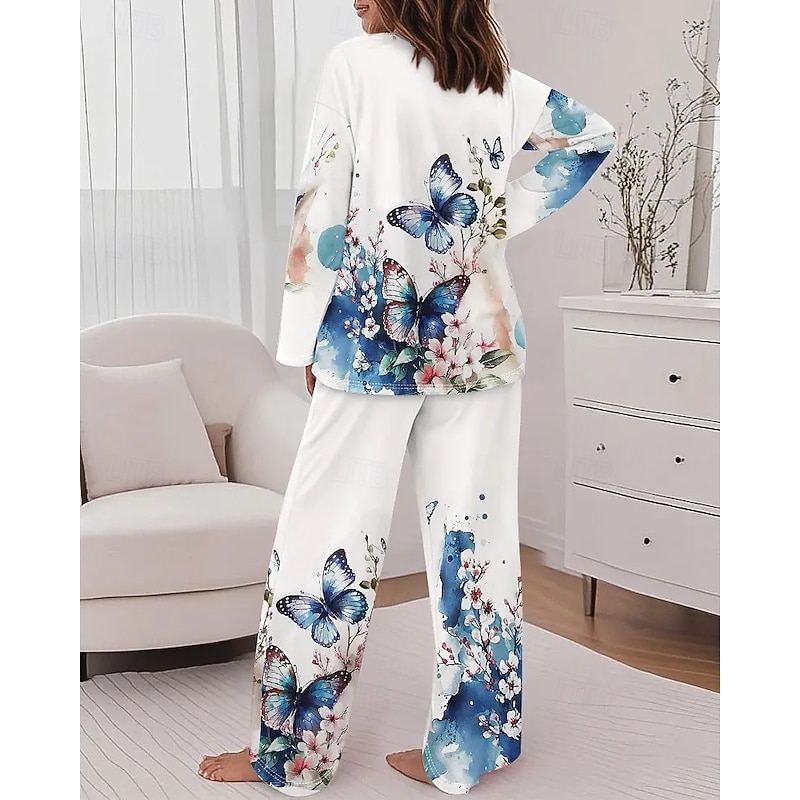 Women's Fashion T Shirt Pants Sets Long Sleeve Round Neck Floral Graphic Butterfly Print Casual Daily Blue Spring Regular Fit2