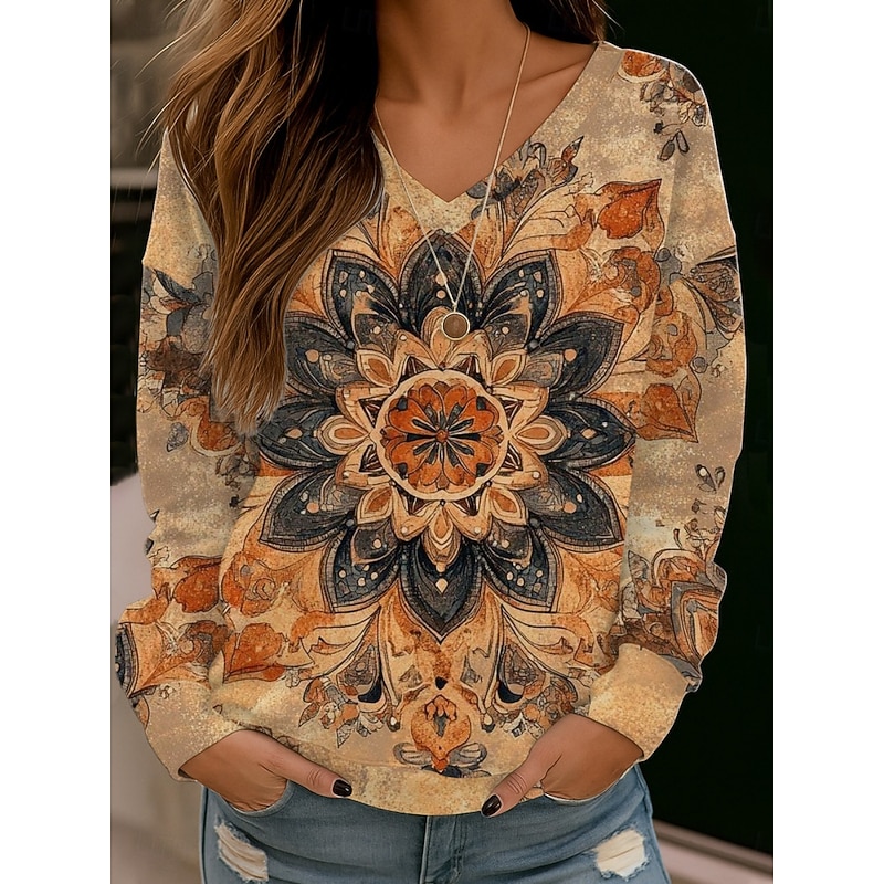 Women's Blouse Floral Stylish Modern Long Sleeve V Neck Regular Tops Daily Holiday Print White Red Blue Brown Summer Spring Fall2