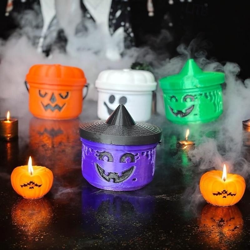 1pc Halloween Spooky Mini Boo Bucket Figurine, 3D Printed Nostalgia Pumpkin Candy Bucket, Retro Trick or Treat Gift Box Decoration