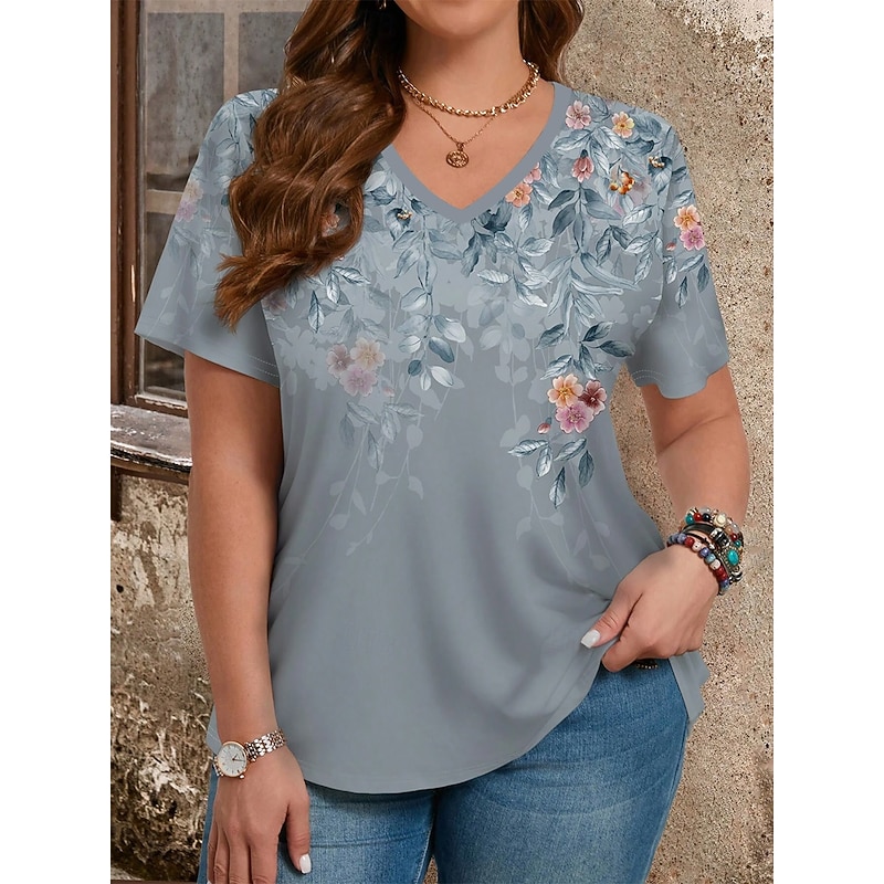 Women's Plus Size Tops T Shirt Floral Print Short Sleeve Crew Neck Casual Daily Polyester Summer Spring Blue Dark Green3