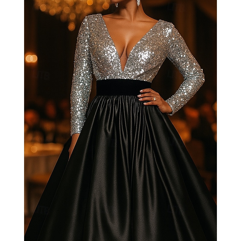 Black Tie A-Line Evening Gown Cocktail Dresses Sparkle Stretch Sequin Formal Gown Wedding Floor Length Long Sleeve Plunge Neckline Satin with Ruched2