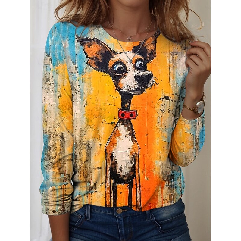 Women's T shirt Crew Neck Long Sleeve Tunic Graphic Animal Vintage Stylish Modern  Regular Tops Daily Print Yellow Blue Dusty Blue Orange Fall3