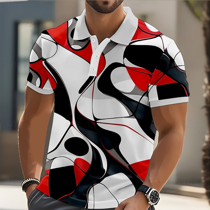 Men's Color Block Geometic Polo Short Sleeve Polo Shirts Collared Shirts Casual Street Athleisure Daily Wear 3D Print Buttons Summer Red