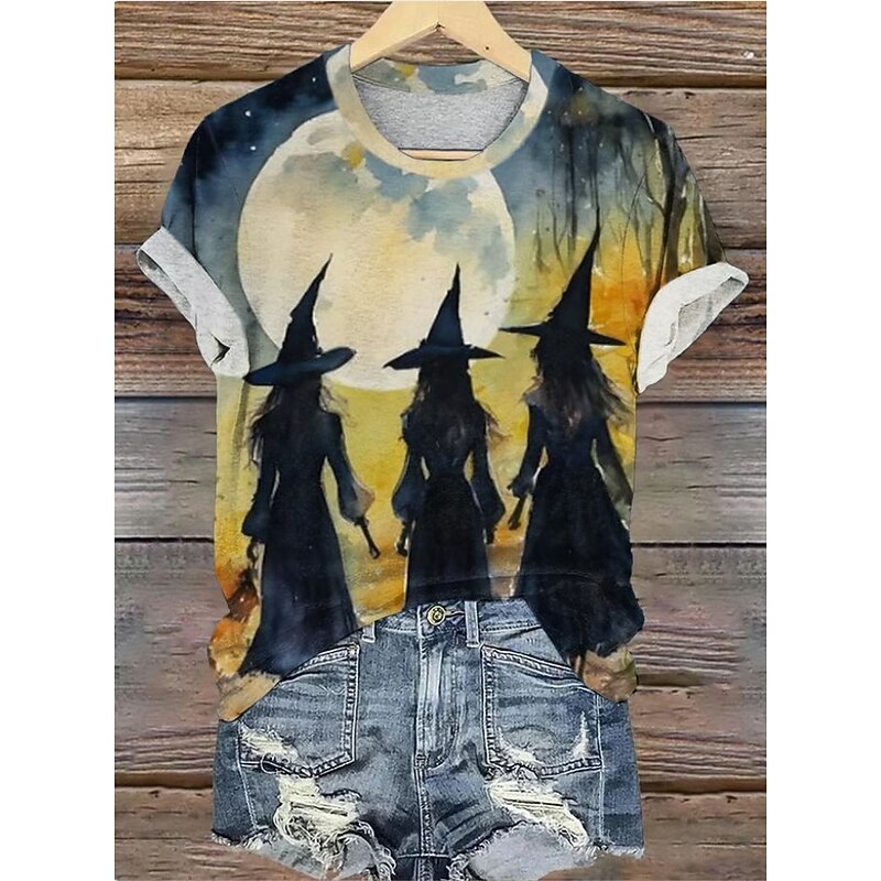 Halloween Women's T shirt Witch Graphic Vintage Stylish Classic Short Sleeve Crew Neck Regular Tops Daily Weekend Print Sage Green Yellow Blue Orange Gray Summer Spring Fall4