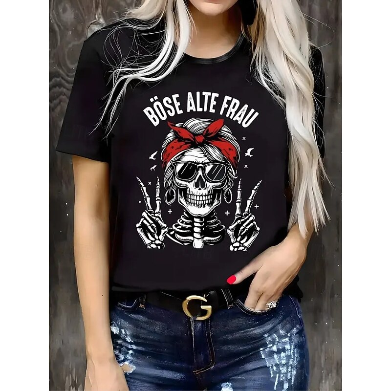 Halloween Women's T Shirt Skulls Cotton Shirt Graphic Flag Vintage Stylish Classic Short Sleeve Crew Neck Regular Tops Daily Print Black White Summer