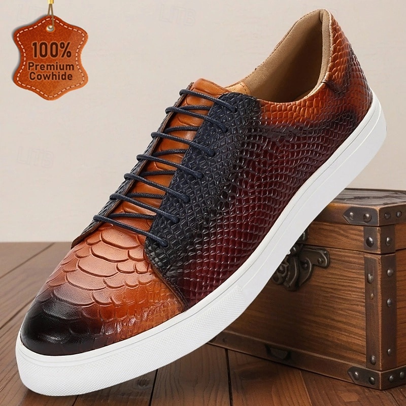 Men’s Crocodile Pattern Genuine Leather Sneakers – Gradient Orange Lace-up Casual Shoes for Stylish Gentlemen, Smart Casual Looks and Weekend Gatherings - Main Image