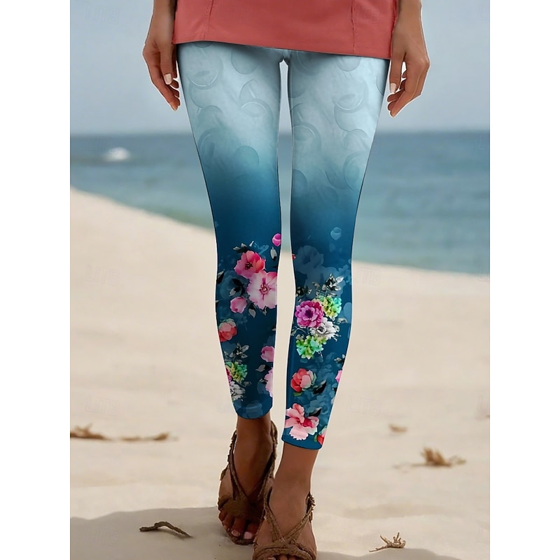 Women's Pants Trousers Leggings Cozy Leggings Streetwear Casual Full Length High Waist Floral Elastic Waist Print Breathability Comfortable Stretchy Vacation Street Daily Wear White Yellow Blue2
