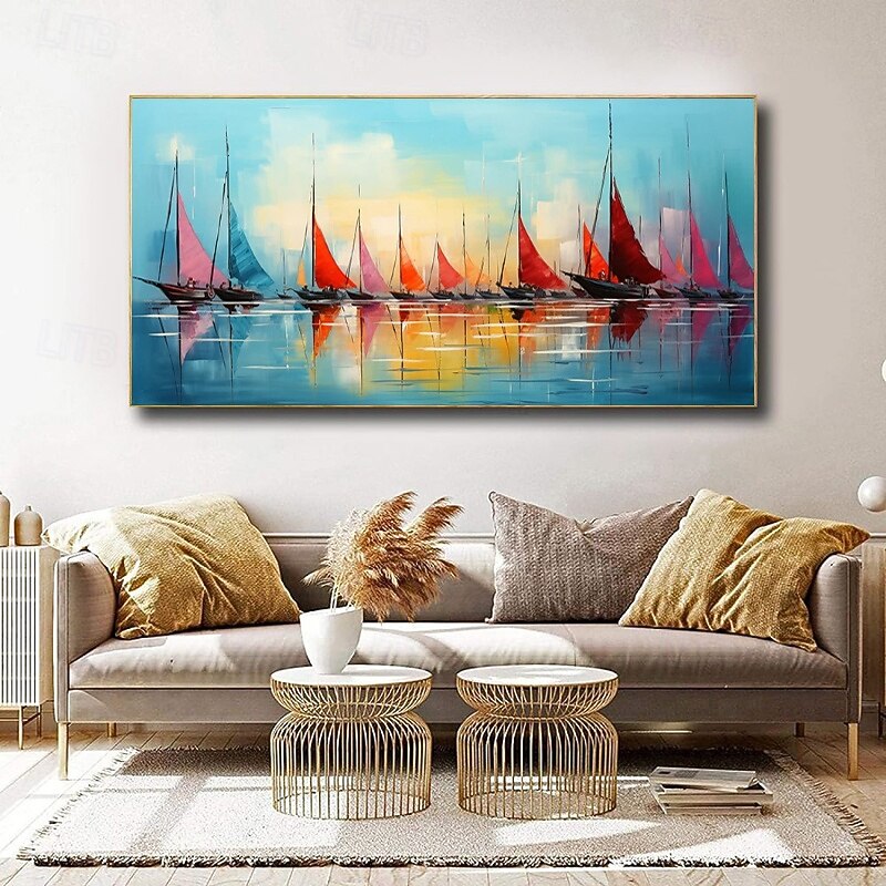 Handmade Oil Painting Canvas Wall Art Decoration Modern Abstract Sailing Boat Landscape for Living Room Home Decor Stretched Frame Hanging Painting/Rolled Frameless Unstretched Painting