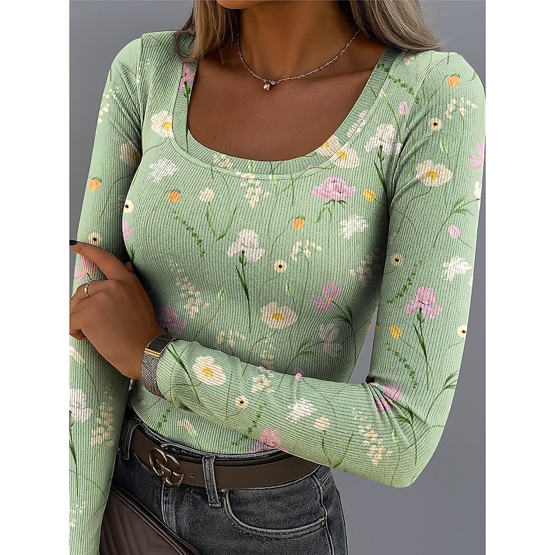 Women's T shirt Long Sleeve Ribbed Graphic Square Neck Long Sleeve Casual Floral Plants Vintage Stylish Regular Tops Daily Print Black White Yellow Light Green Purple Spring Fall Prefall3