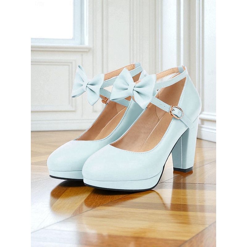 Women's Light Blue Platform Mary Jane Heels - Vintage 1950s Lolita Style Chunky Block Heels with Bow Ankle Strap, Perfect for Weddings, Cosplay and Elegant Evening Parties4