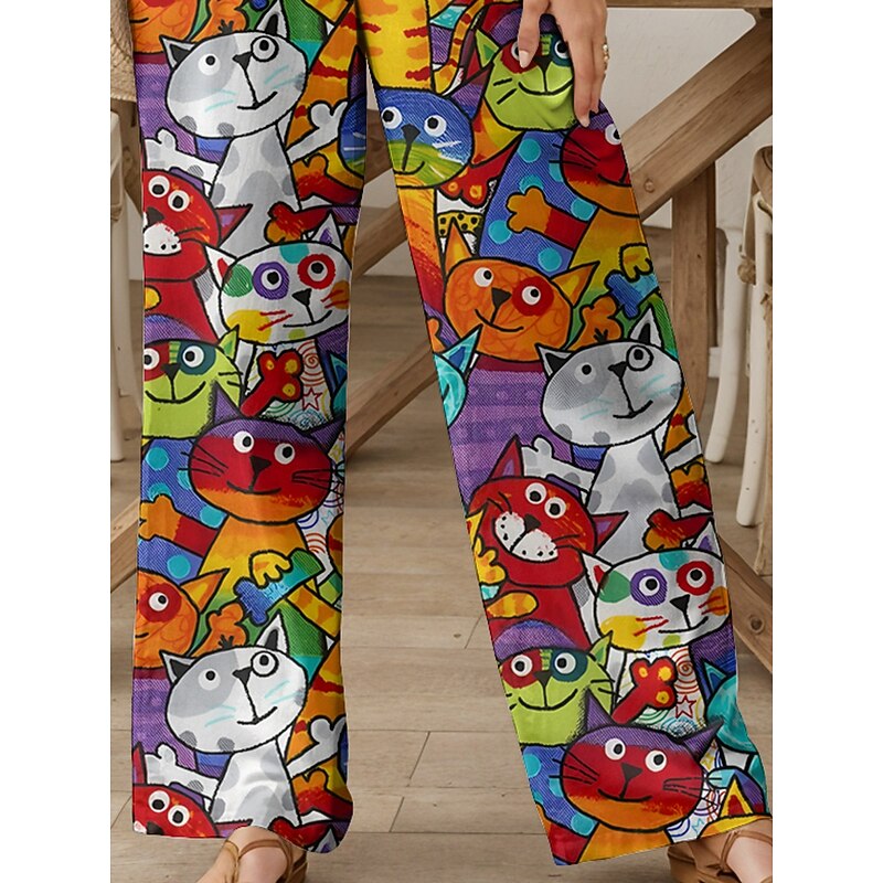 Women's Wide Leg Chinos Baggy Pants Vacation Vintage Fashion Full Length High Waist Graphic Animal Cat Printing Soft Breathable Micro-elastic Formal Outdoor Vacation Yellow Red Blue Purple Summer3