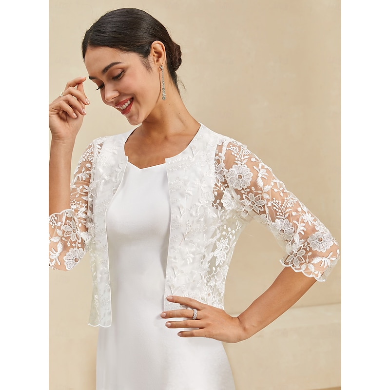 Women's Bolero Lace Embroidered Elegant Floral Formal Regular Crewneck Loose Fit 3/4 Length Sleeve Outerwear White Summer Spring Fall Winter