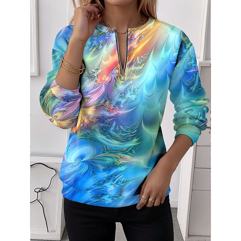 Women's Quarter Zipper Sweater Graphic Abstract Casual Long Sleeve Crew Neck Regular Tops Street Dailywear Casual Half Print Blue Purple Orange Green Fall Winter