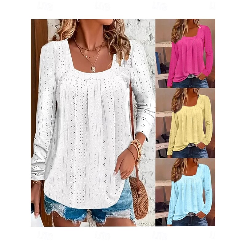 Women's Shirt Lace Shirt Solid Color Graphic Plain Elegant Vintage Stylish Long Sleeve Square Neck Regular Tops Daily Going out Vacation Wear Print White Yellow Rose Pink Light Blue Spring Fall