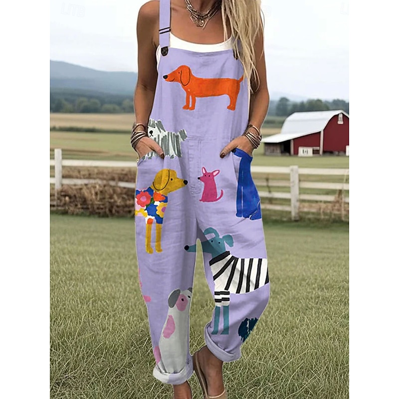 Women's Dungarees Active Graphic Sleeveless Print Vacation Street Loose Fit White Pink Blue Summer
