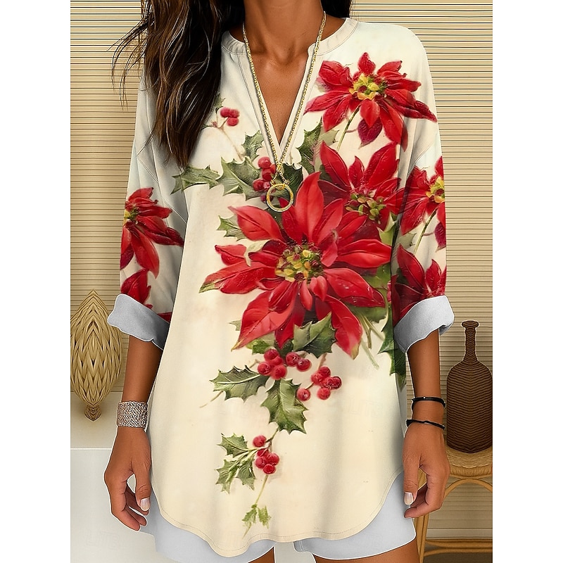 Women's Blouse Tunic V Neck Long Sleeve Boho Casual Floral Graphic Vintage Tropical Regular Tops Daily Wear Print Yellow Red Blue Purple Green Winter