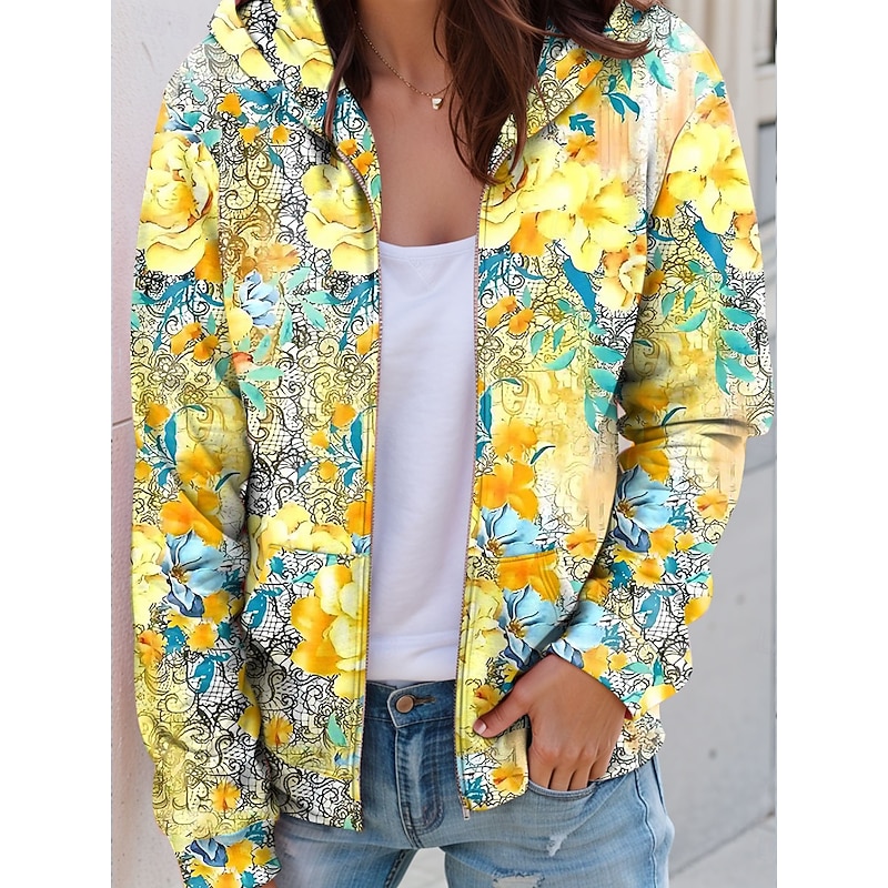 Women's Hooded Sweatshirt Jacket Long Sleeve Zip Up Hoodie With Pocket Lightweight Casual Micro-elastic Floral Graphic Fashion Street Dailywear Pocket Print Yellow Pink Blue Orange Spring Fall