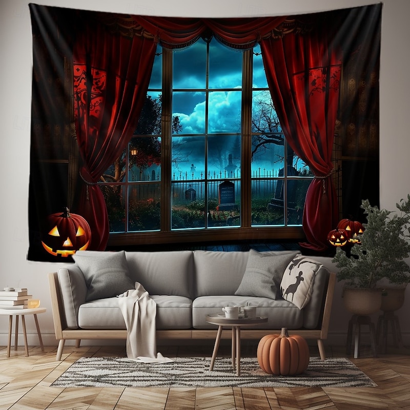 Halloween Gothic Window View Wall Tapestry – Red Curtain Stage with Spooky Moonlit Night Scene, Horror Backdrop for 2025 Halloween Living Room, Bedroom, Haunted House Decoration3