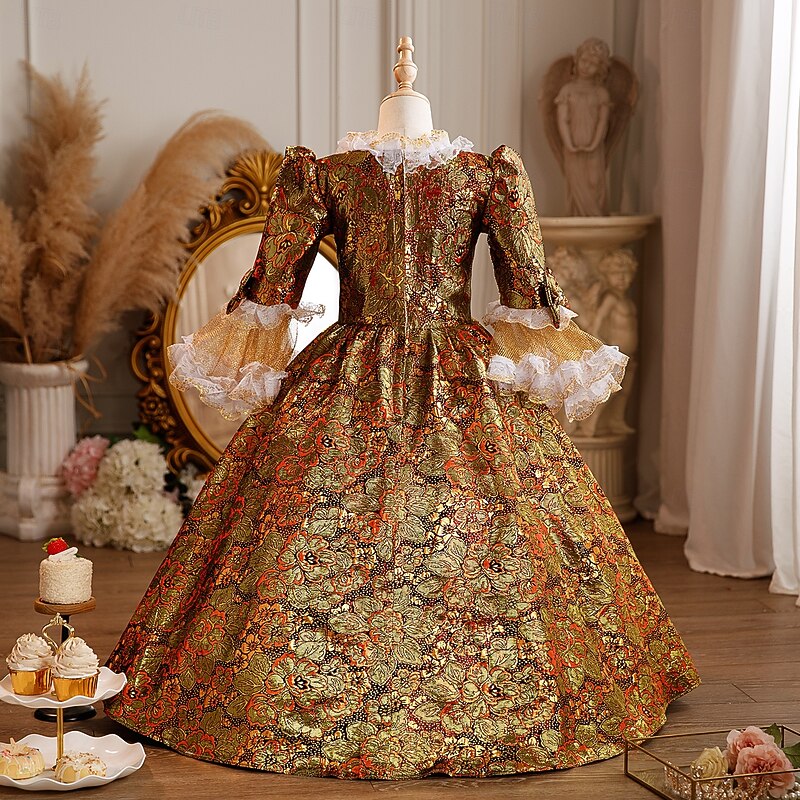 Rococo Fancy Maxi Prom Dress Bell Sleeve Princess Belle Bow Retro Ball Gown Point Fancy Dress Girls' Royal Christmas Halloween Carnival Masquerade Wedding Party Festival Kid's Child's Dress All4