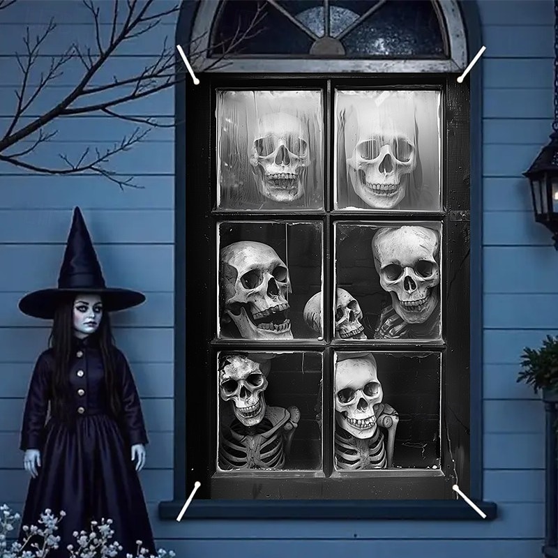 Halloween Window Curtain Creepy Skull Collage Black and White, Scary Door Cover, Window cover,  Wall Tapestry for 2025 Halloween Haunted House and Home decoration2