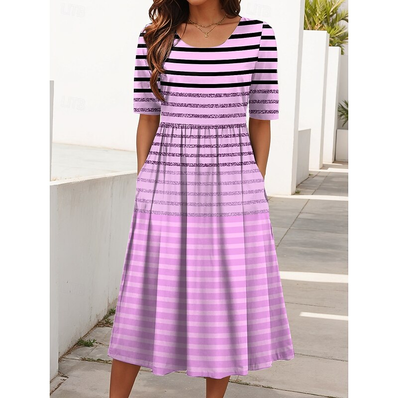 Women's Midi Dress Summer Dress Pleated Dress Vacation Casual Holiday Regular Fit Graphic Geometric Striped Half Sleeve Crew Neck Pink Blue Purple Summer Spring2