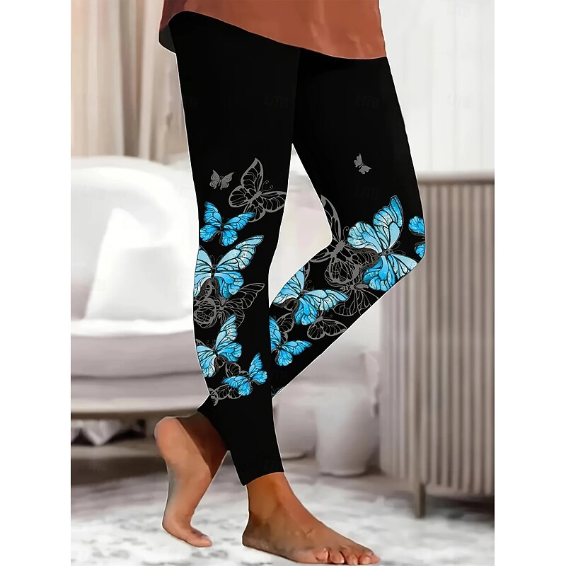 Women's Leggings Vacation Vintage Ethnic Style Ankle-Length High Waist Graphic Animal Butterfly 3D Print Quick Dry Breathability Soft Stretchy Outdoor Home Causal Blue Fall Regular Fit