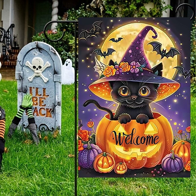 Halloween Garden Flag Banner – Black Cat in Pumpkin Cauldron "Welcome", Double-Sided Weather-Resistant Yard Flag for 2025 Halloween Holiday Outdoor Lawn, Porch Decoration4