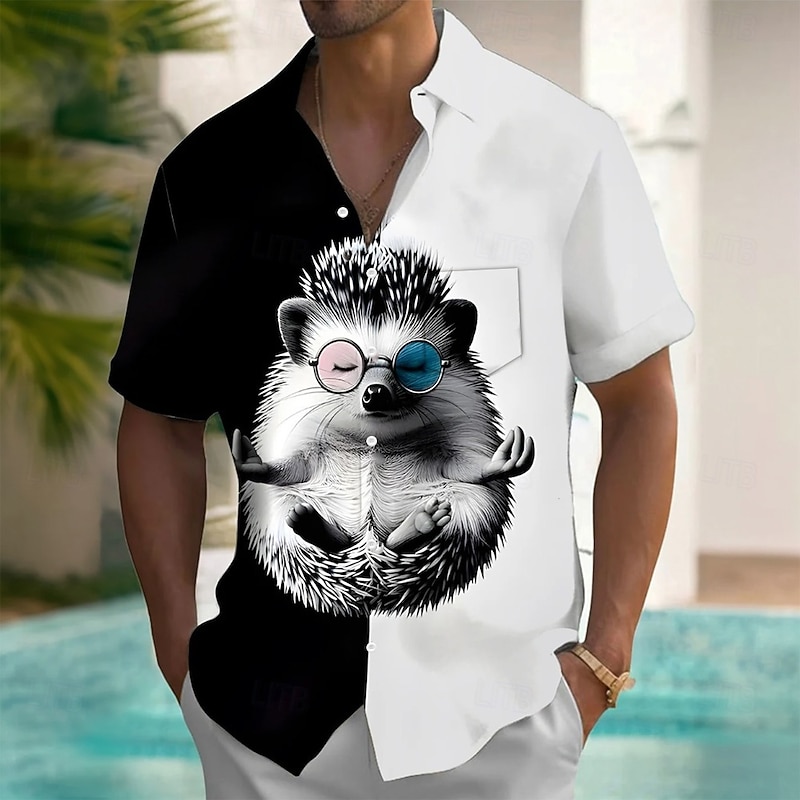 Men's Animal Hedgehog Shirt Summer Shirt Button Up Shirt Short Sleeve Funny Outdoor Vacation Dailywear Summer Spring Turndown 3D Print Collared Shirts Front One Pocket White+Black
