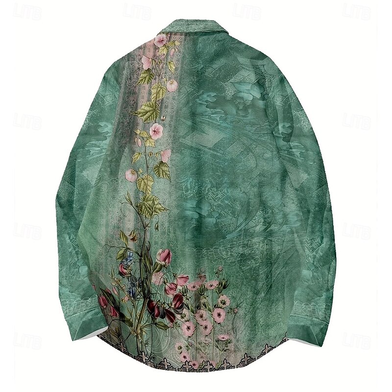Men's Floral Print Flowers Shirt Stand Collar Shirt Long Sleeve Casual Vacation Daily Wear Going out Spring Fall Mandarin Collar Band Collar Button-Down Linen Like Shirt Green3
