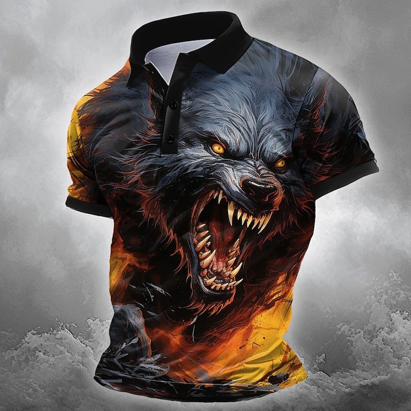 Halloween Men's Animal Wolf Polo Short Sleeve Polo Shirts Collared Shirts Casual Horror Dark Outdoor Athleisure Festival Outfit 3D Print Buttons Summer Black Blue