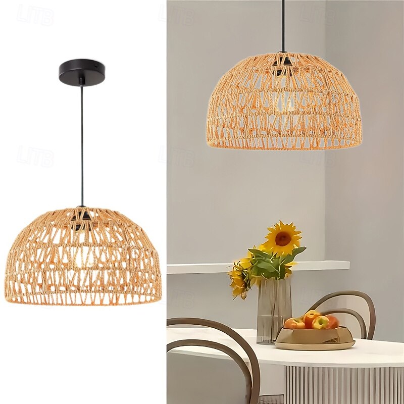 Country Vintage Dome-Shaped Rattan Pendant Light, Hand-Woven Braided Rope, Warm White/White Light, E26/E27, Adjustable Chain4