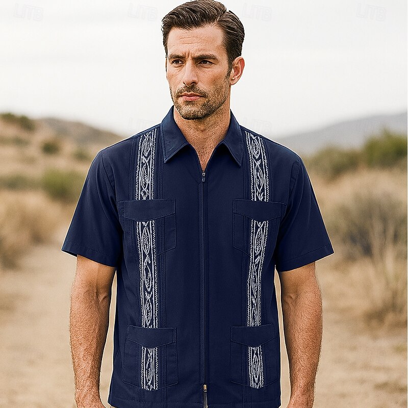 Men's Guayabera Shirt Burgundy Dark Navy Short Sleeve Embroidered Shirt Collar Outdoor Vacation Zip Up Clothing Apparel Elegant Vacation Vintage Daily