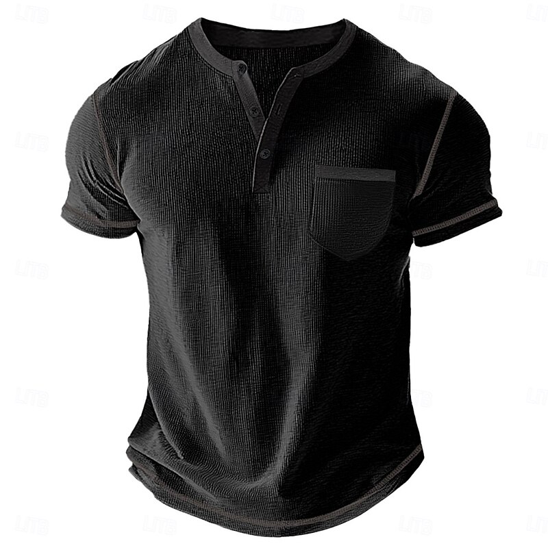 Men's Waffle Henley Shirt Tee Short Sleeve Solid Color Plain Fashion Designer Casual Color Block Buttons Henley Outdoor Casual Daily Summer All Seasons Black White Light Blue Henley T-Shirt2