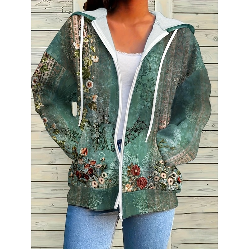 Women's Hooded Sweatshirt Jacket Long Sleeve Zip Up Hoodie With Pocket Lightweight Casual Micro-elastic Oversized Floral Vintage Sports Streetwear Drawstring Front Pocket Blue Green Violet Fall