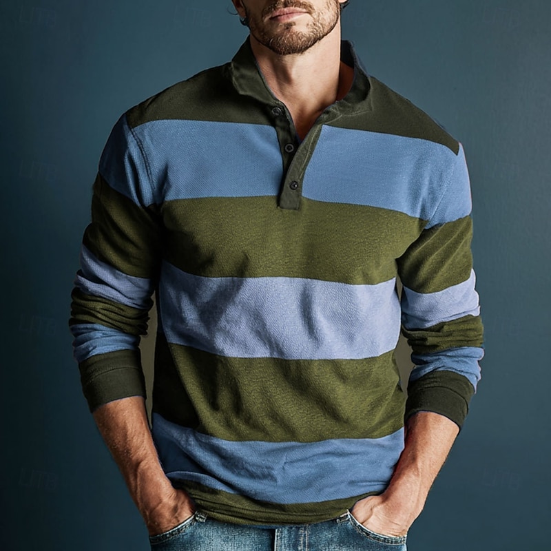 Men's Horizontal Stripes Rugby Polo Long Sleeve Polo Shirts Collared Shirts Sportswear Casual School Outdoor Athleisure 3D Print Spring Fall Winter Maroon Blue Brown3