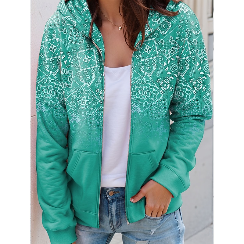 Women's Hooded Sweatshirt Jacket Long Sleeve Zip Up Hoodie With Pocket Lightweight Casual Micro-elastic Graphic Geometric Paisley Fashion Street Dailywear Pocket Print Red Blue Purple Green Fall3