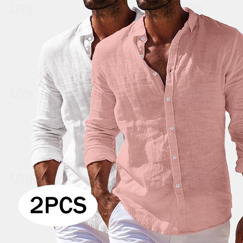 Men's Shirt Linen Shirt Summer Shirt Beach Wear Button Up Shirt Plain Vacation Casual White+Pink Navy Blue+Grey Green+Khaki Blue+Navy Blue Long Sleeve Turndown Summer Spring Clothing Apparel Plain