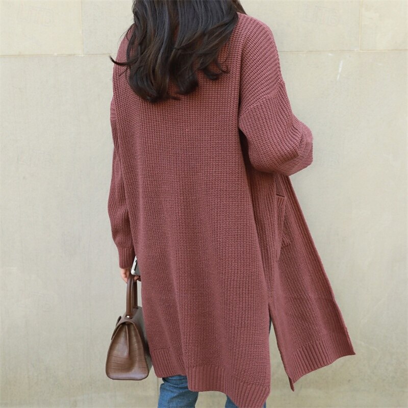 Women's Sweater Cardigan Fashion Streetwear Daily Solid Color Ribbed Open Front Knitted Long Sleeve Long Tops Knit Holiday Going out Weekend Red Beige Fall Winter2