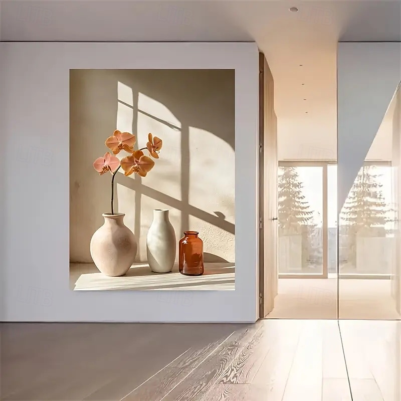 A Modern Vase And Orchid Canvas Wall Art - Frameless Plant Printing Poster Home Decoration Elegant Flowers And Flowerpot Still Life Suitable For Bedroom Living Room And Office Decoration White F4