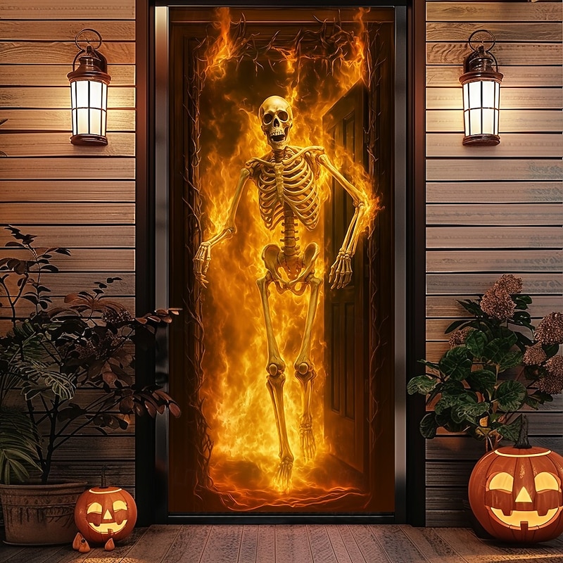 Halloween Door Cover – Fiery Skeleton in Flames, Haunted House Entrance Banner, Scary Outdoor & Indoor Decoration for 2025 Halloween Bedroom, Living Room, Bathroom