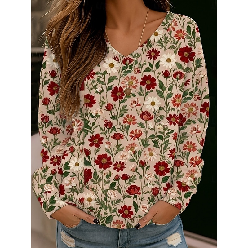 Women's Blouse Floral Stylish Modern Long Sleeve V Neck Regular Tops Daily Holiday Print White Red Blue Brown Summer Spring Fall3