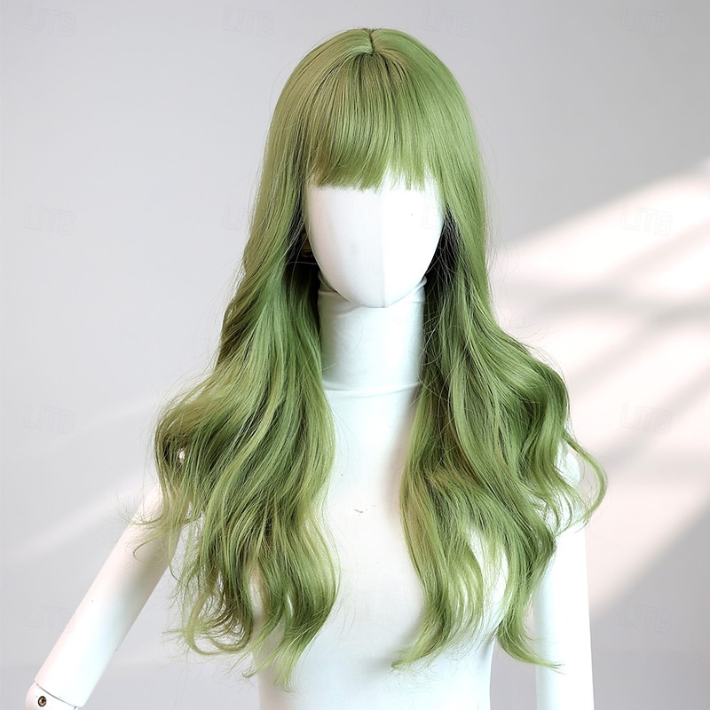 22‑Inch Green Ombre Wavy Wig with Bangs – Grass Green Long Hairpiece, Ideal for Halloween Costume, Cosplay & Photo Shoots2
