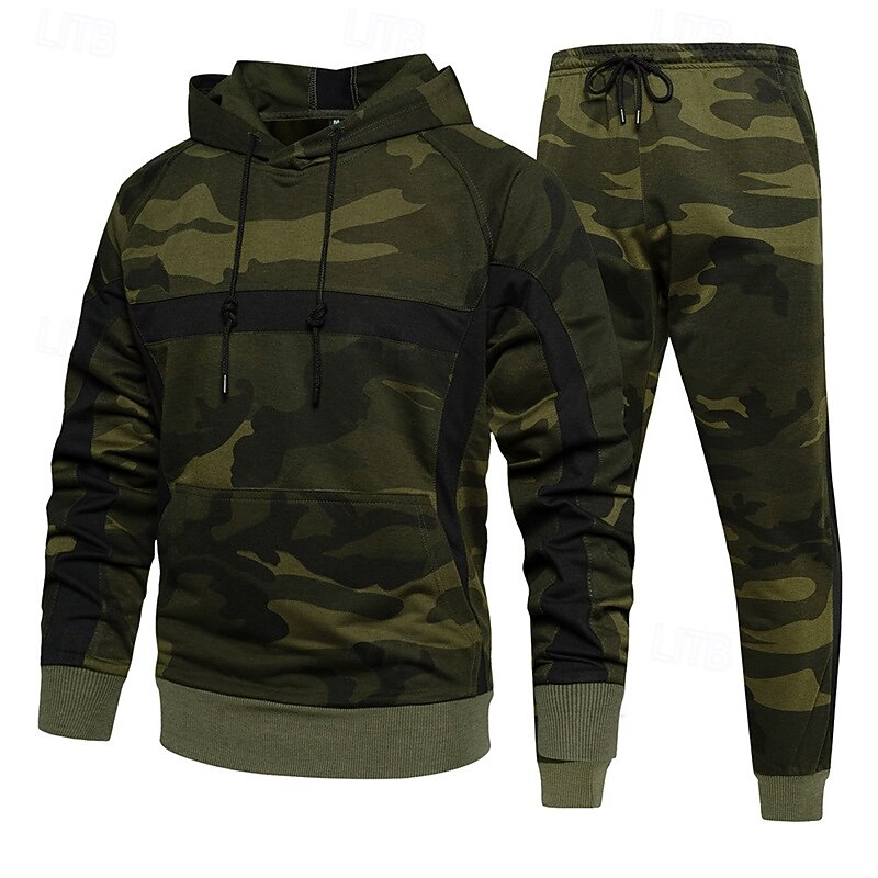 Men's Hoodie Tracksuit Sweatsuit Army Green Khaki Hooded Camouflage 2 Piece Sports & Outdoor Daily Holiday Polyester Streetwear Basic Casual Spring Fall Clothing Apparel Hoodies Sweatshirts2