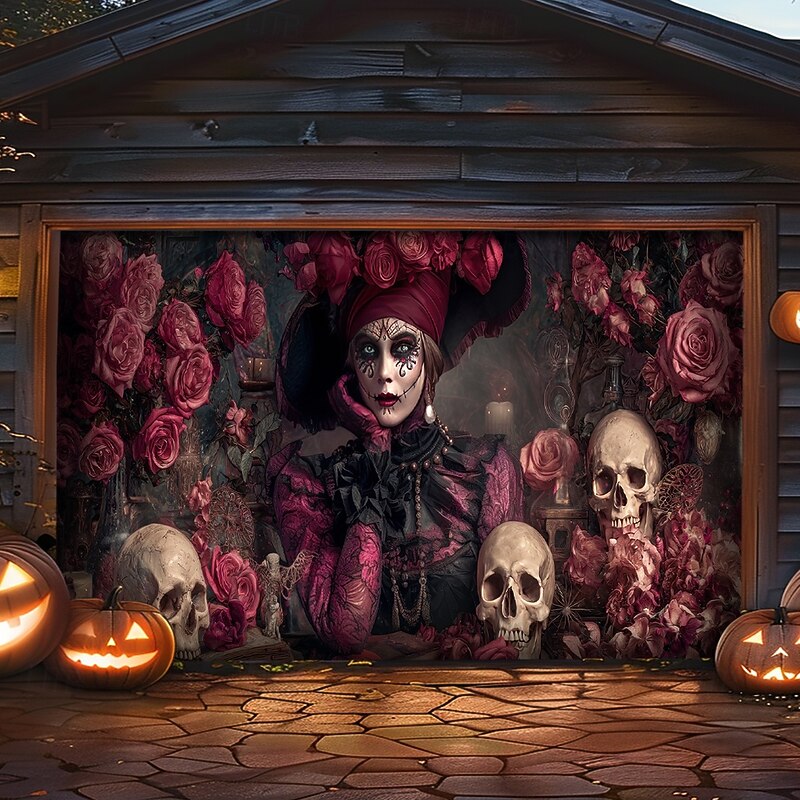 Halloween Outdoor Garage Door Cover Gothic Sugar Skull Skeletons Banner Large Tapestry Backdrop Decoration for Holiday Outdoor Garage Door Home Wall Decorations2