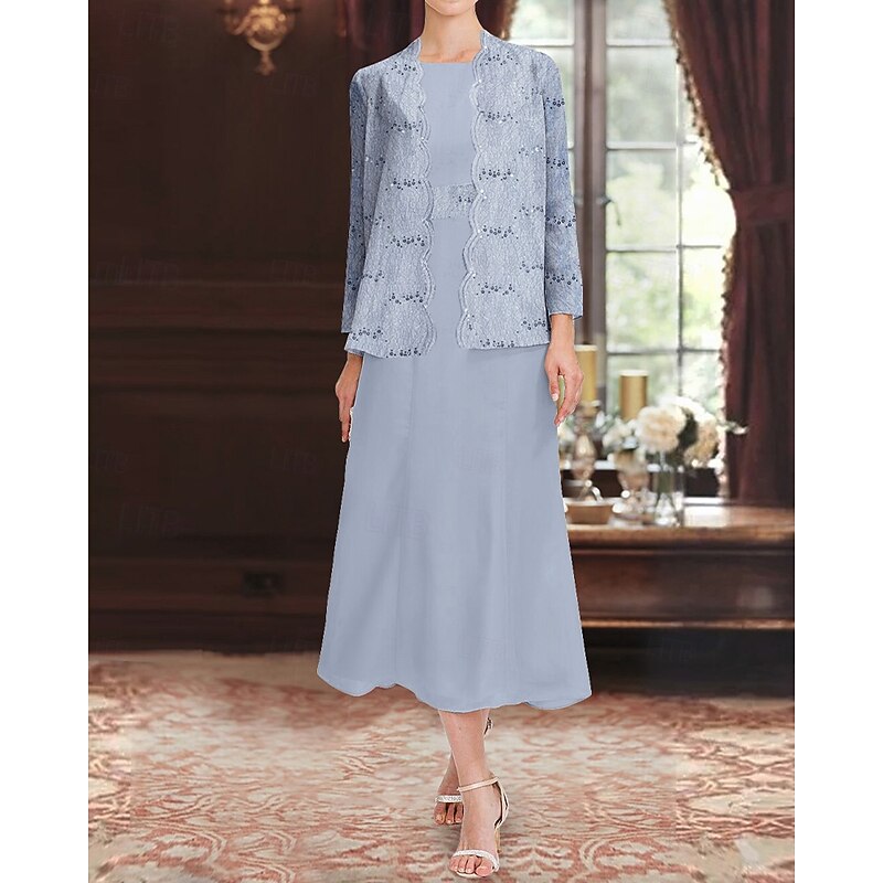 Sequin Lace Two Piece A-Line Mother of the Bride Dress Elegant Simple Luxurious Chiffon Boat Neck Midi Length Sleeveless with Long Sleeve Jacket2